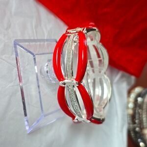 Red silver crushed swarskowski crystals latch closure hinged bangel bracelet